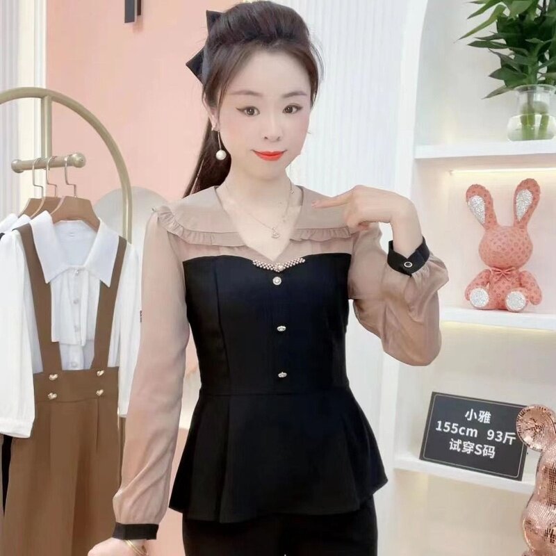 2023秋季新款美拉德花边领假两件衬衫女时尚洋气遮肉ins长袖上衣