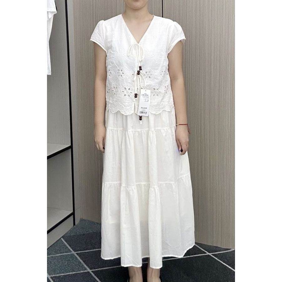 领短袖蕾丝镂空连衣裙子女收腰夏季中长裙女棉精致假两件女裙