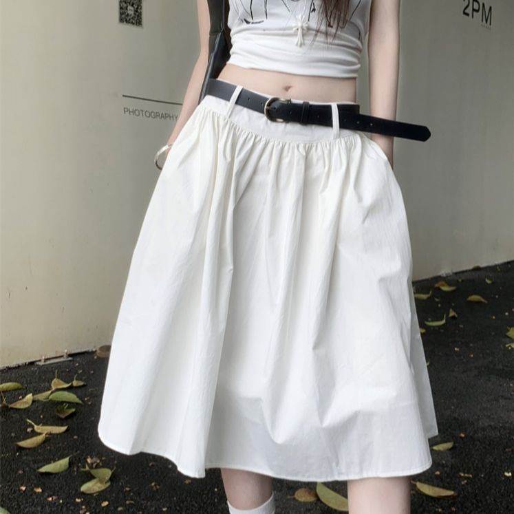 白色半身裙韩版夏季新款高腰显瘦宽松百搭中款小个子裙子送腰带