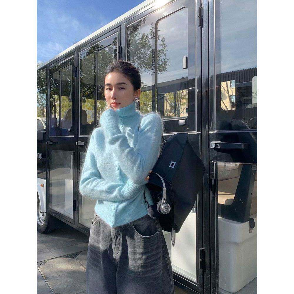 蓝色高领开衫毛衣外套女春秋软糯外穿温柔风内搭毛茸茸针织上衣