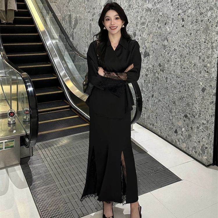 黑色系带衬衫西服外套显瘦设计感蕾丝长裙大码高个子两件套装潮