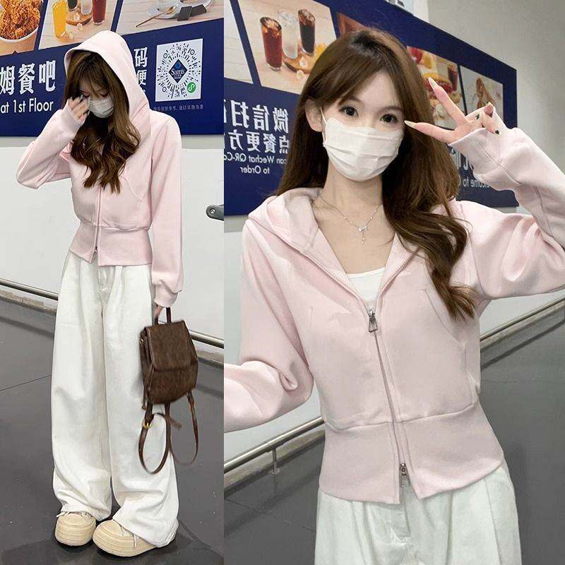 粉色短款连帽卫衣女款2026新款开春春季韩系上衣运动洋气开衫外套