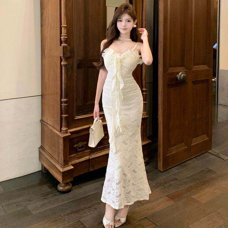 纯欲甜美温柔气质蕾丝拼接花边裙夏季显瘦包臀鱼尾吊带长款连衣裙
