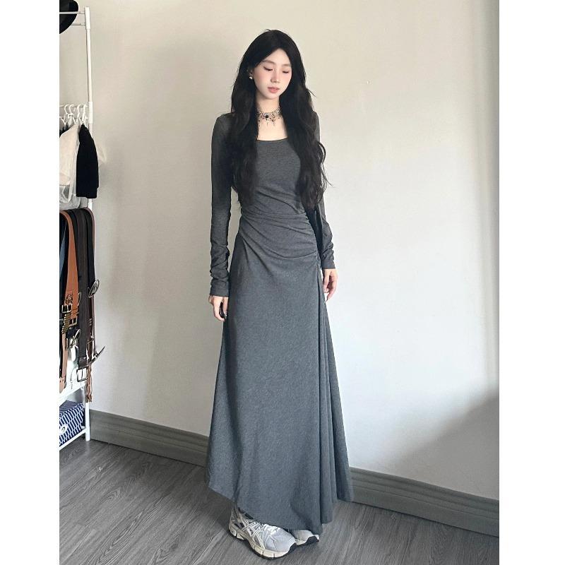 长袖连衣裙休闲大码字过膝超长款法式修身束腰皱褶收腰打底长裙