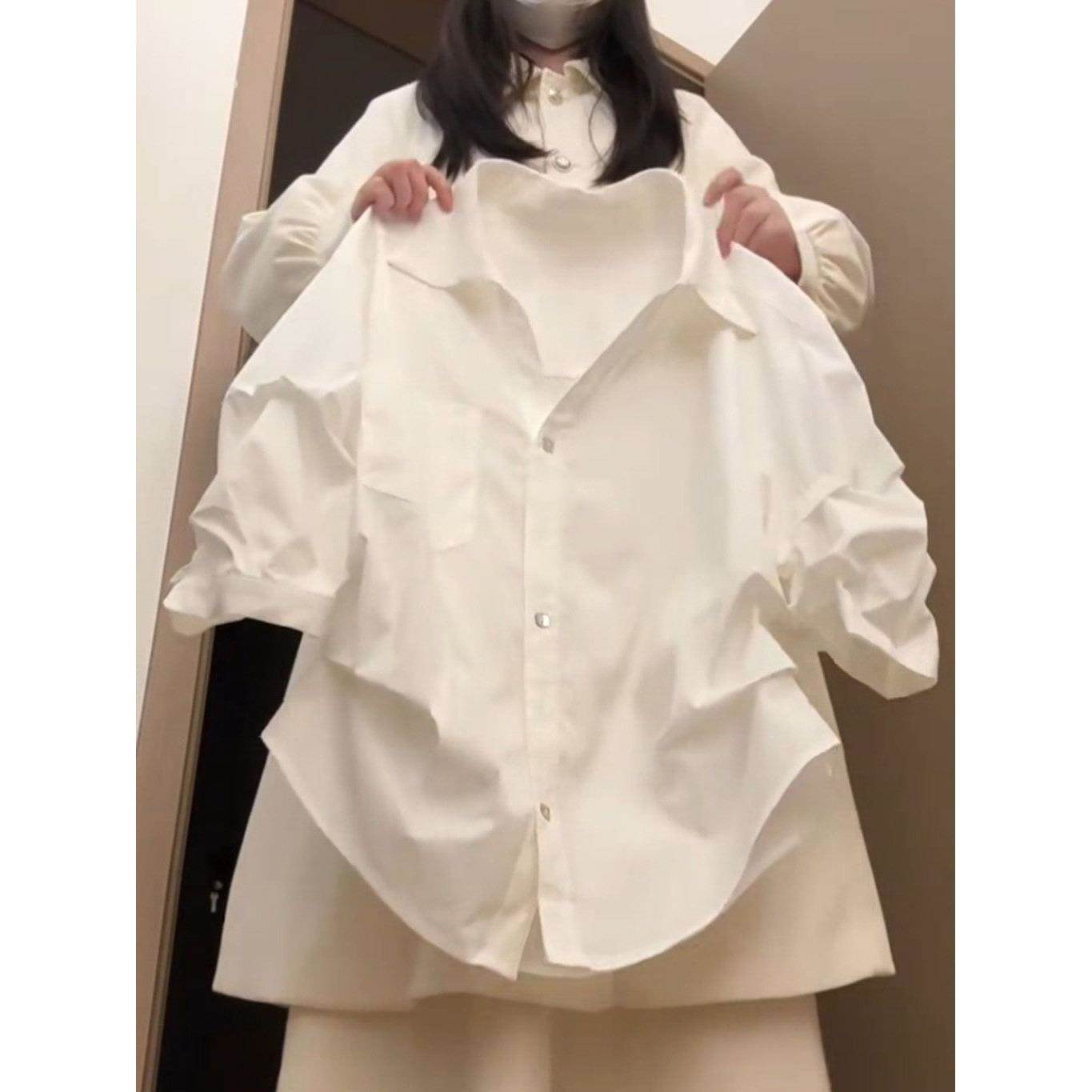 韩版休闲七分袖泡泡袖衬衫女夏季胖法式高级感修身显瘦微透上衣