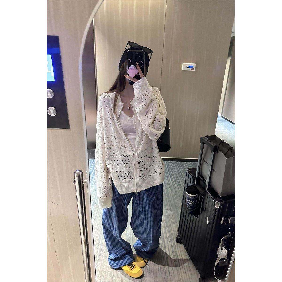 春秋设计感镂空钩花双拉链防晒罩衫外套宽松显瘦白色针织开衫上衣