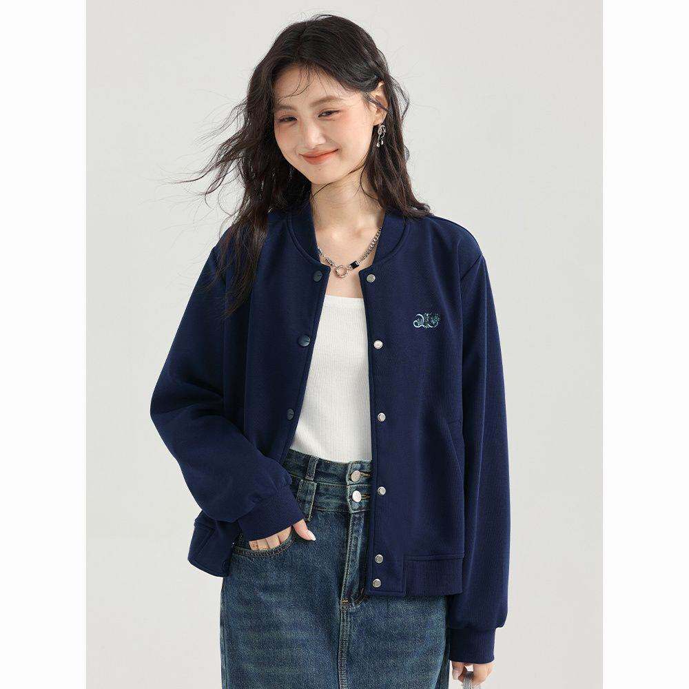 深蓝色棒球服女薄款外套2026春季新款开衫宽松百搭上衣立领小外套