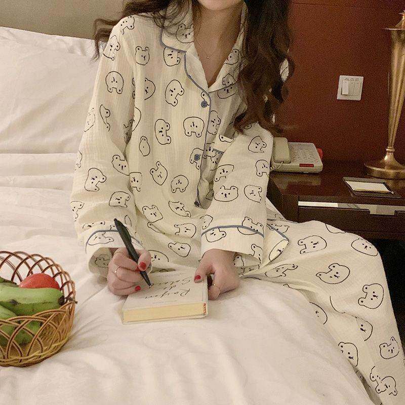 2026年春春季新款卡通小熊睡衣女棉质长袖休闲大码家居服两件套装