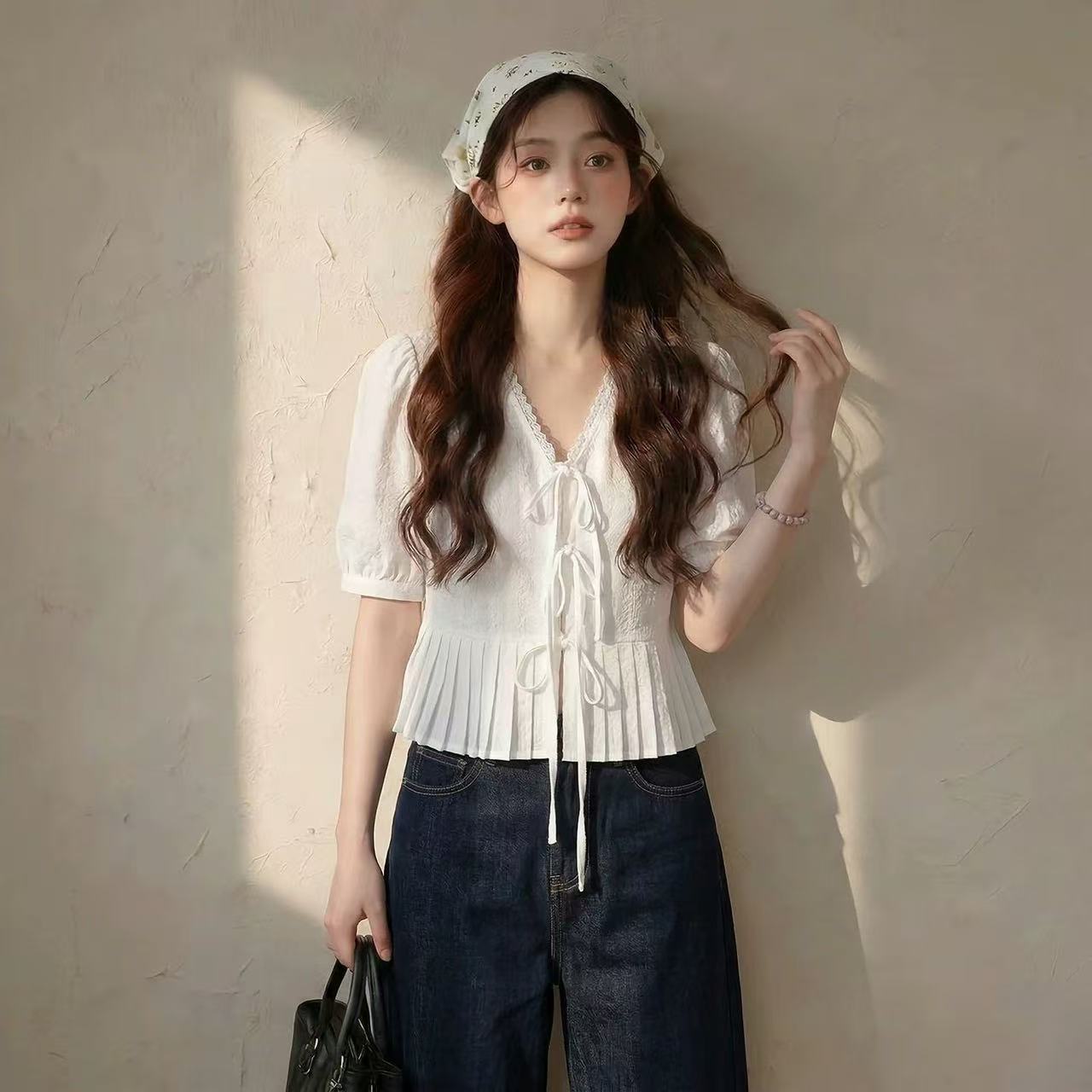 白色领短袖上衣女2026夏法式小资百褶系带娃娃衫泡泡短袖超仙
