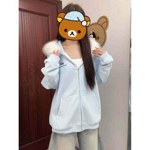 洋气减龄毛领蓬松爆款连帽卫衣男女春夏宽松加绒加厚开衫外套