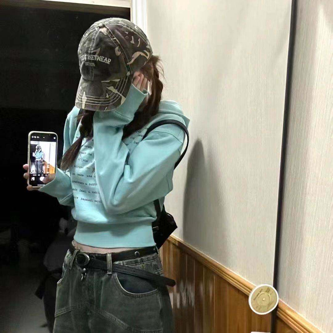 多巴胺新款美式连帽春秋款卫衣字母辣妹印花宽松休闲短款上衣露脐