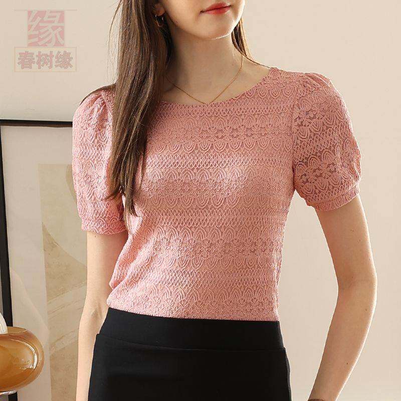 品牌正品有内衬短袖蕾丝衫女夏薄款夏季新款圆领弹力修身缕空上衣