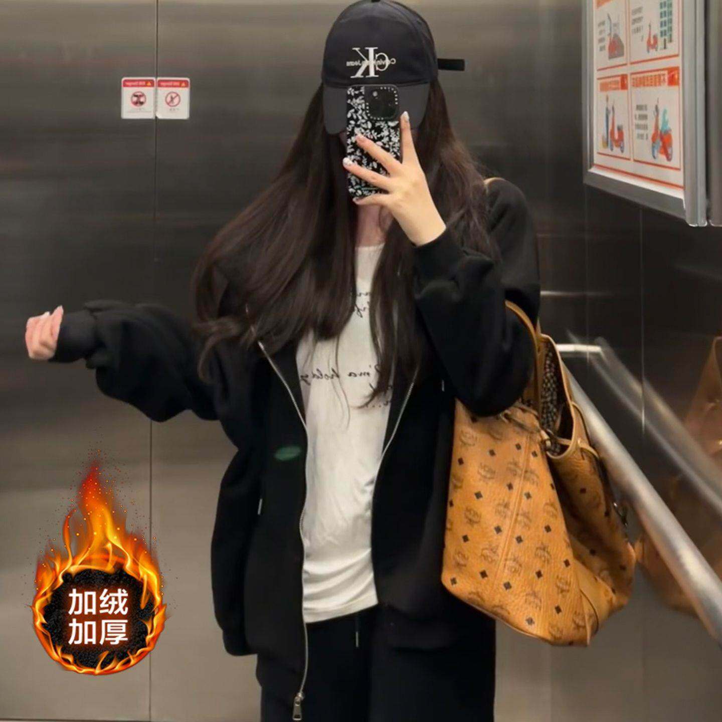 黑色巨好看上衣加绒连帽卫衣外套女春夏2026新款爆款开衫宽松