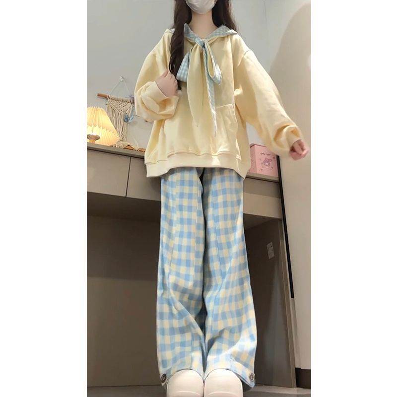 春夏格子围巾领连帽卫衣女刺绣款小众设计感甜美可爱外套上衣