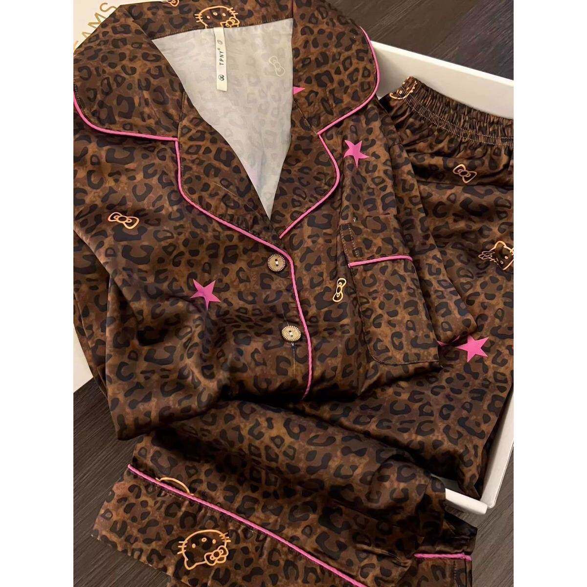 韩系凯蒂猫印花拼接豹纹睡衣女春秋新款冰丝长袖长裤家居服两件套