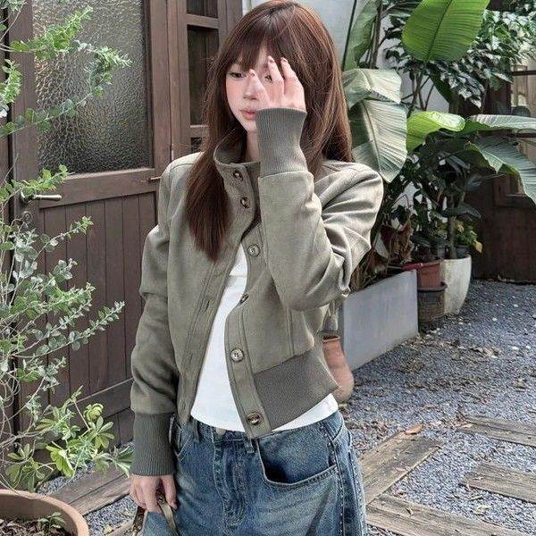美式复古立领麂皮开衫外套女春春季2026新款休闲百搭夹克短款上衣
