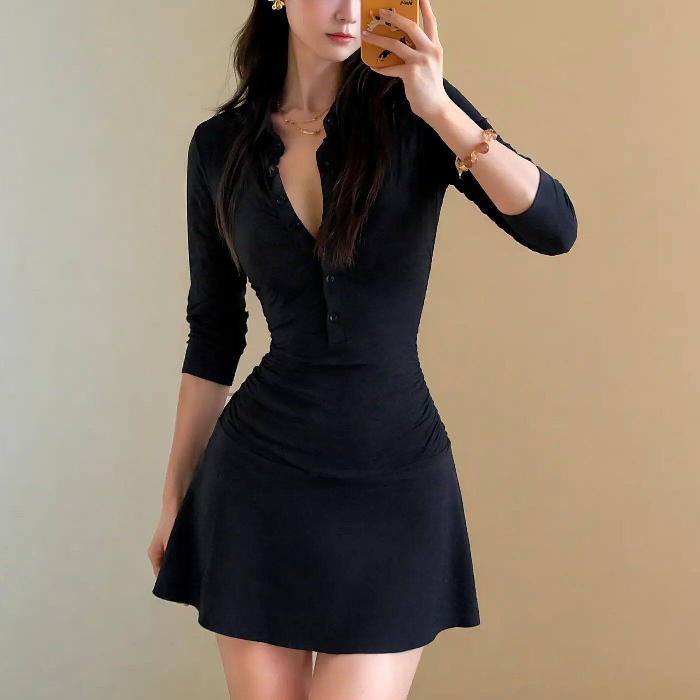韩版辣妹风黑色收腰衬衫连衣裙女秋季领修身显瘦中袖包臀短裙