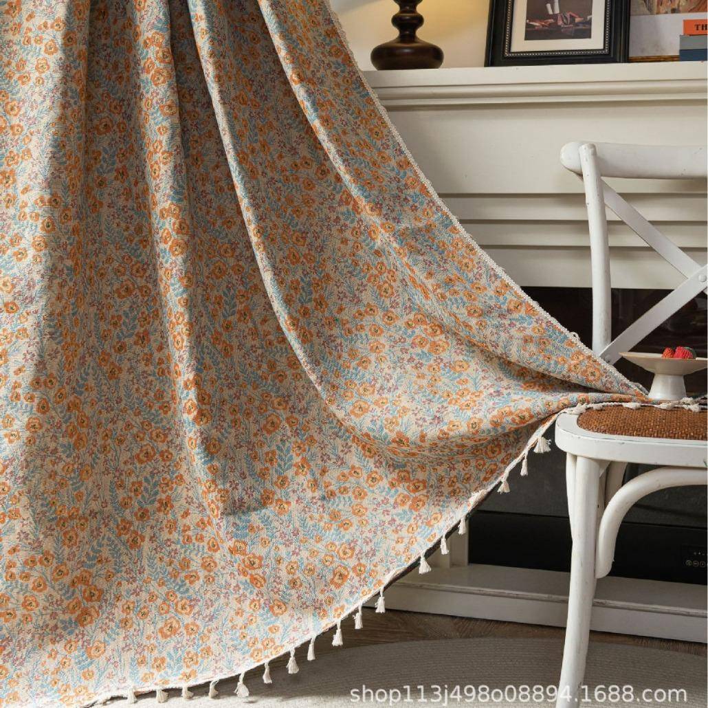 成品碎客窗帘小清新橘苏色花提花白色流半遮光隔热9飘窗窗帘厅卧