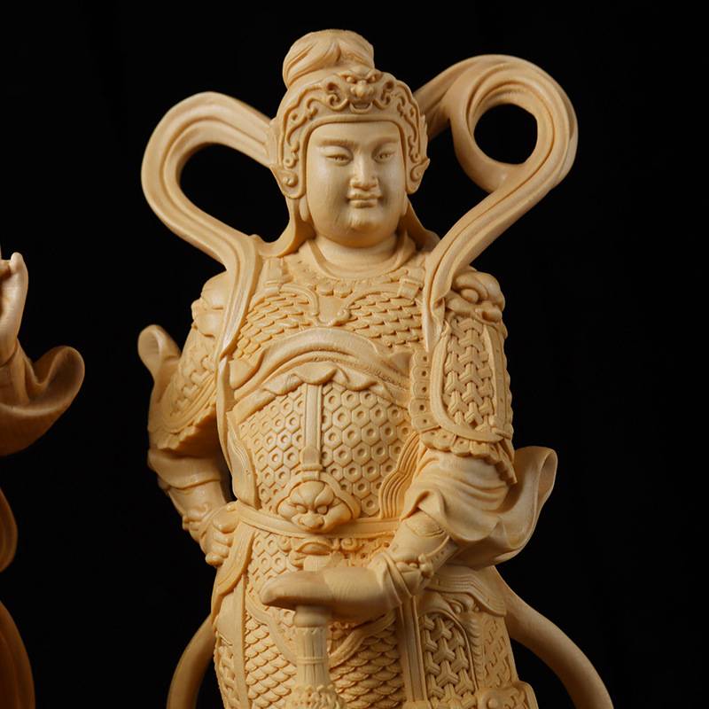 关公珈蓝韦陀尊者左右护法神像摆件桧木雕刻家居装饰品实木工艺品