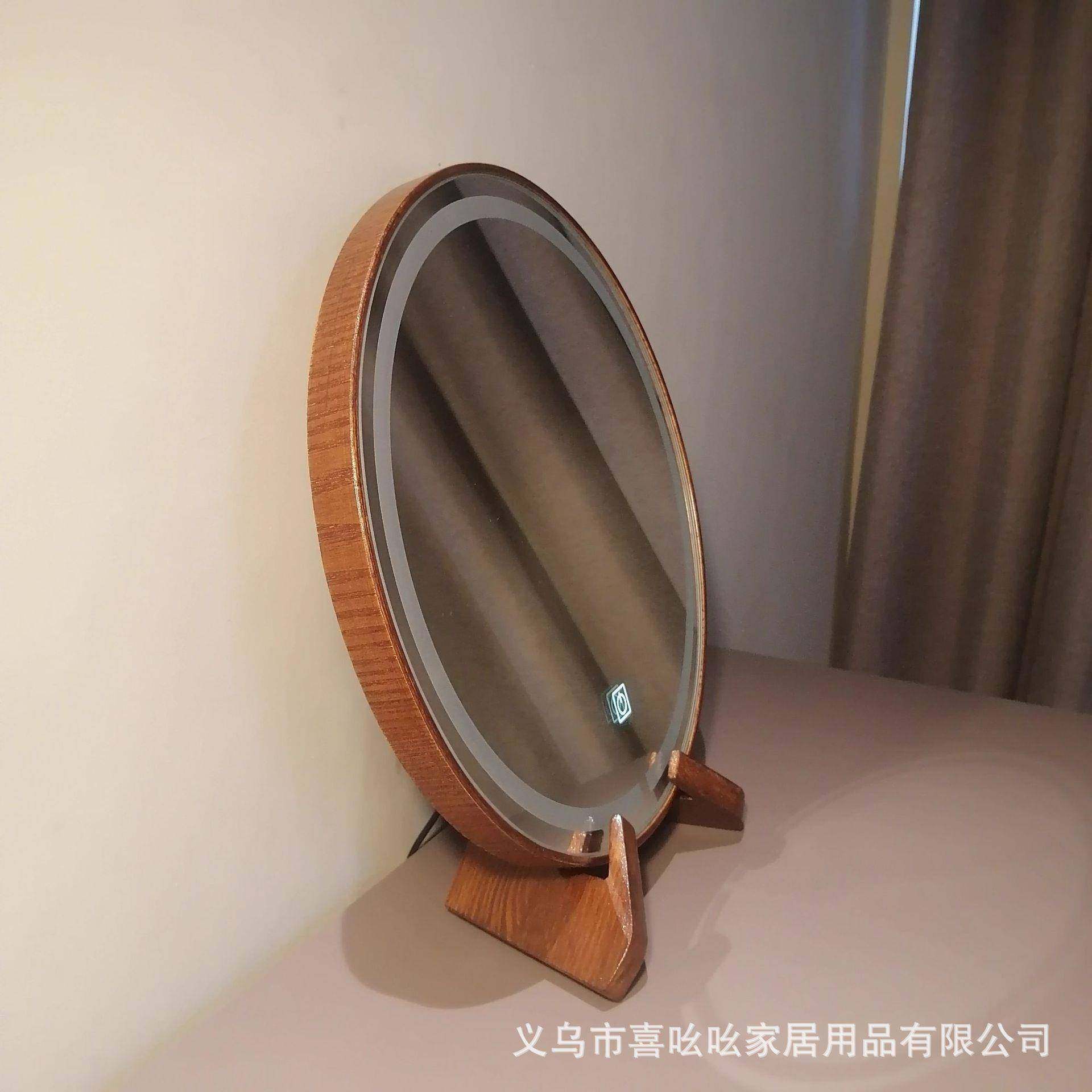 复桌妆面化妆镜镜补光灯化妆镜实木梳镜古不锈钢圆形子复古652木