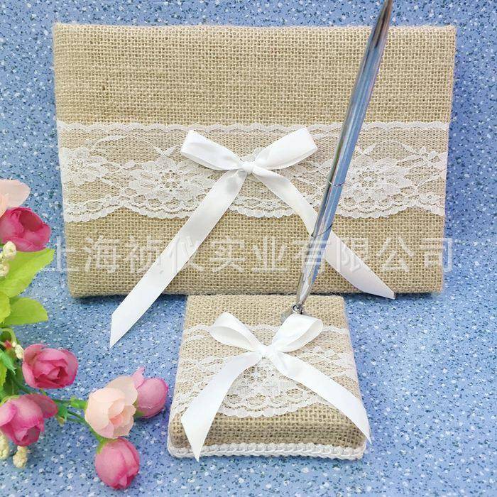 IER婚庆用品麻布婚礼专签到戒笔枕四到件套新娘用花篮签本