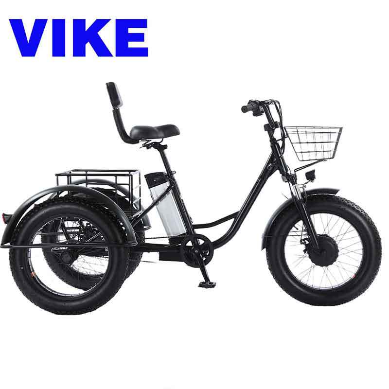 VIKE维克外贸跨境雪地宽胎锂电助力脚踩踏菜篮电动三轮自行车20寸