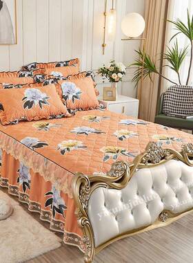 19EK秋冬欧式美床尾蕾丝床裙夹棉加厚缝绗764纯棉床无罩式床套单