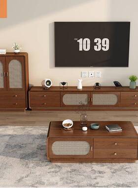 新款中木式型电视柜茶几组合家复ZOP古储物用收纳柜实小户中古客