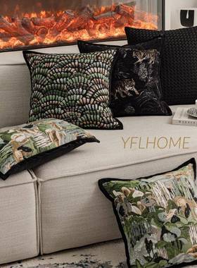 法轻式中古发风枕抱绿色奢感沙客厅雪尼尔UBD提花老虎靠垫靠枕