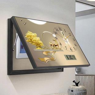 轻JGI奢羽毛电电表箱装饰画现配代简约带钟表万年历遮挡电箱子钟