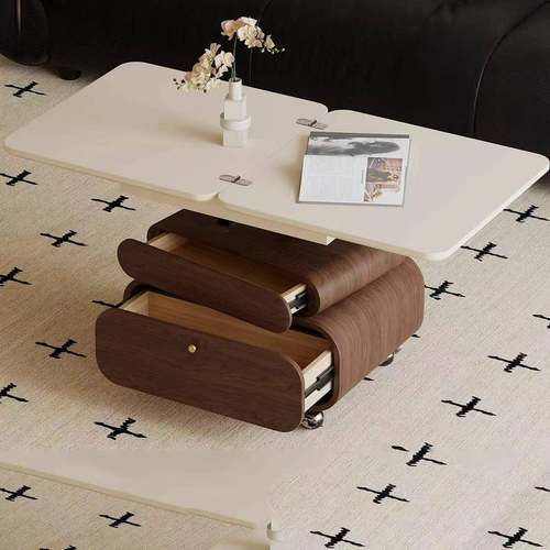 法奢式式复古木茶几餐桌两用1小户型升降美客厅实家用轻新款可移