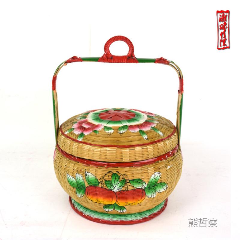 潮汕纯手工彩绘竹篮35018婚花篮竹编子收蓝储物嫁纳篮传统竹艺摆