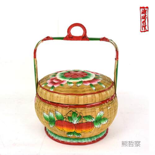潮汕纯手工彩绘竹篮35018婚花篮竹编子收蓝储物嫁纳篮传统竹艺摆