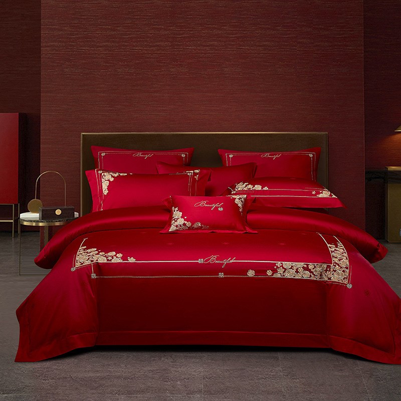 2025新款刺绣提花婚庆多件套 1.8m床单款四件套 锦绣红妆