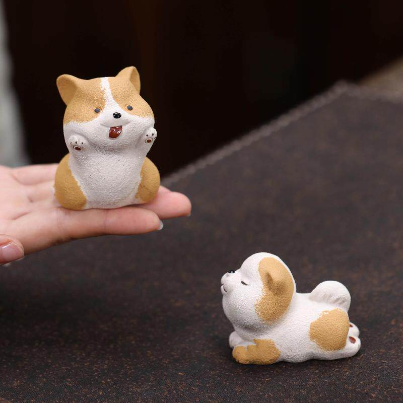 紫砂茶宠狗摆件手工泥绘生肖柯基贵宾犬茶玩茶具配件家居装饰可养