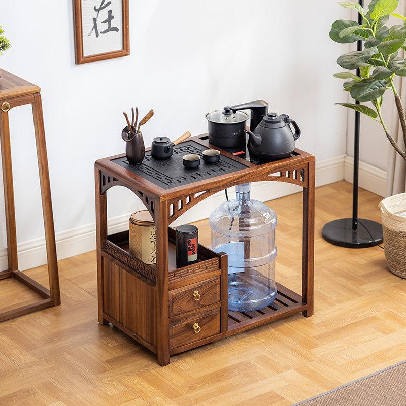 实木简约茶车移动泡茶一体茶台天然乌金石排水茶盘小茶桌阳台茶几图片