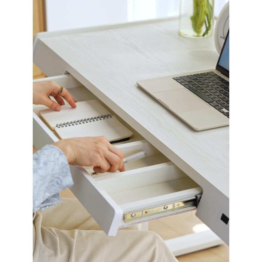 KOWO抽屉电动升降桌白色实木纹电脑桌办公家用书桌学习桌INS风图片