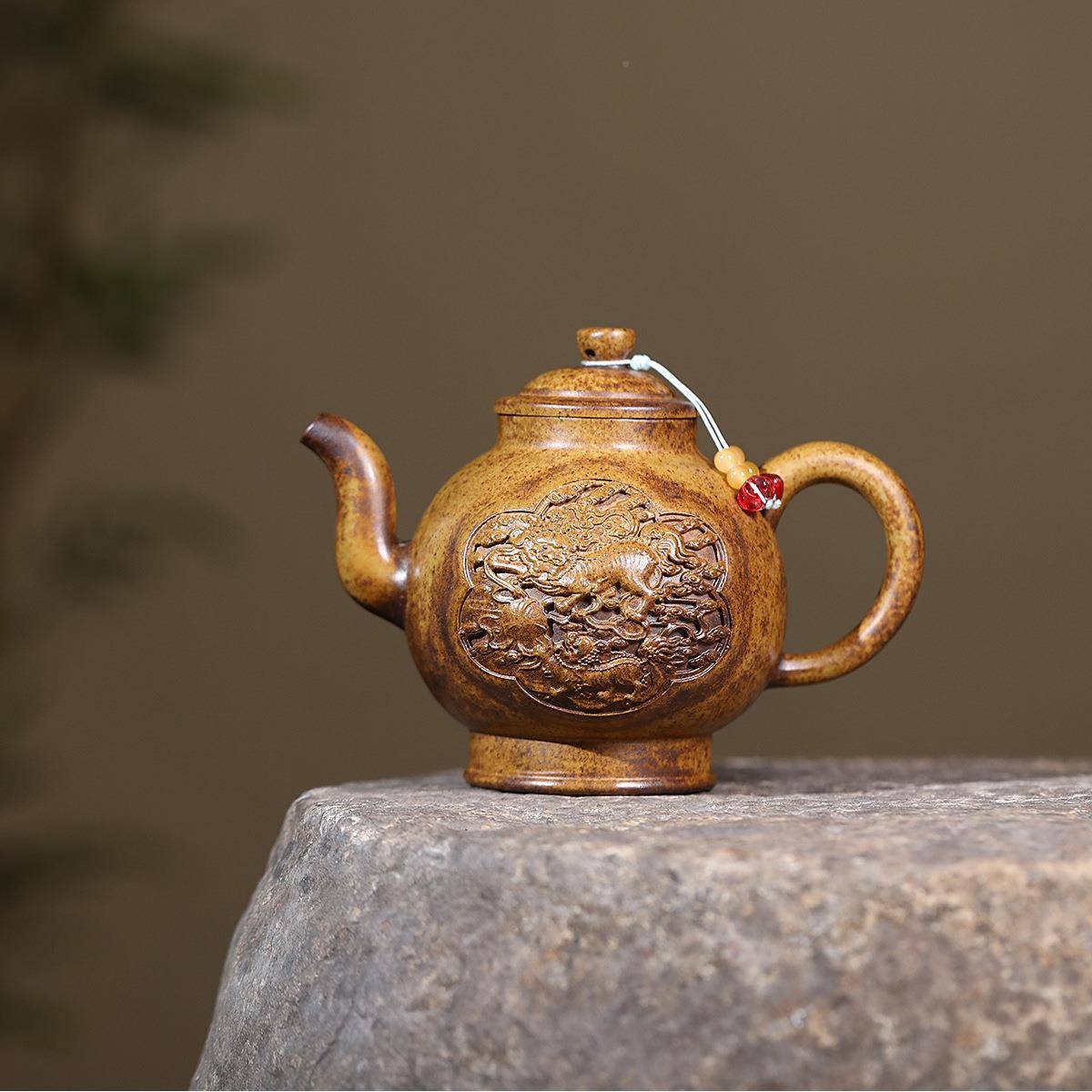 爆款分销宜兴紫原砂壶匠人手ZHIFU-54工制作矿量龙骨金砂雕宫浮灯