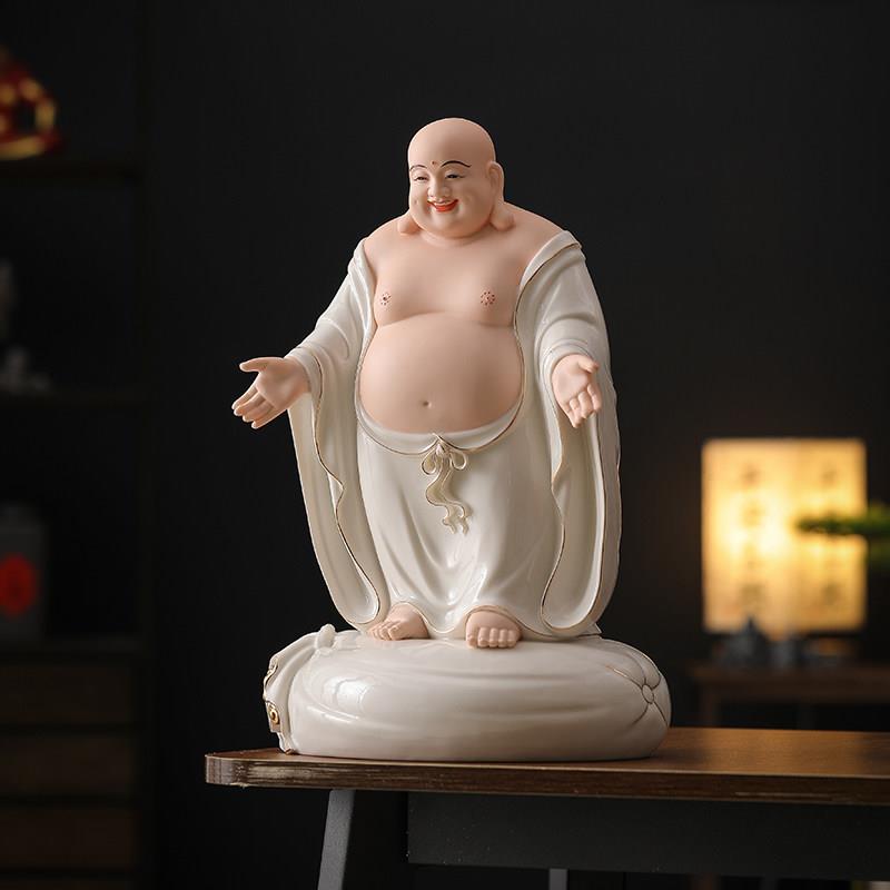 陶瓷福报弥勒佛供奉佛像描金彩绘招财纳福开心大肚子笑佛仿真菩萨