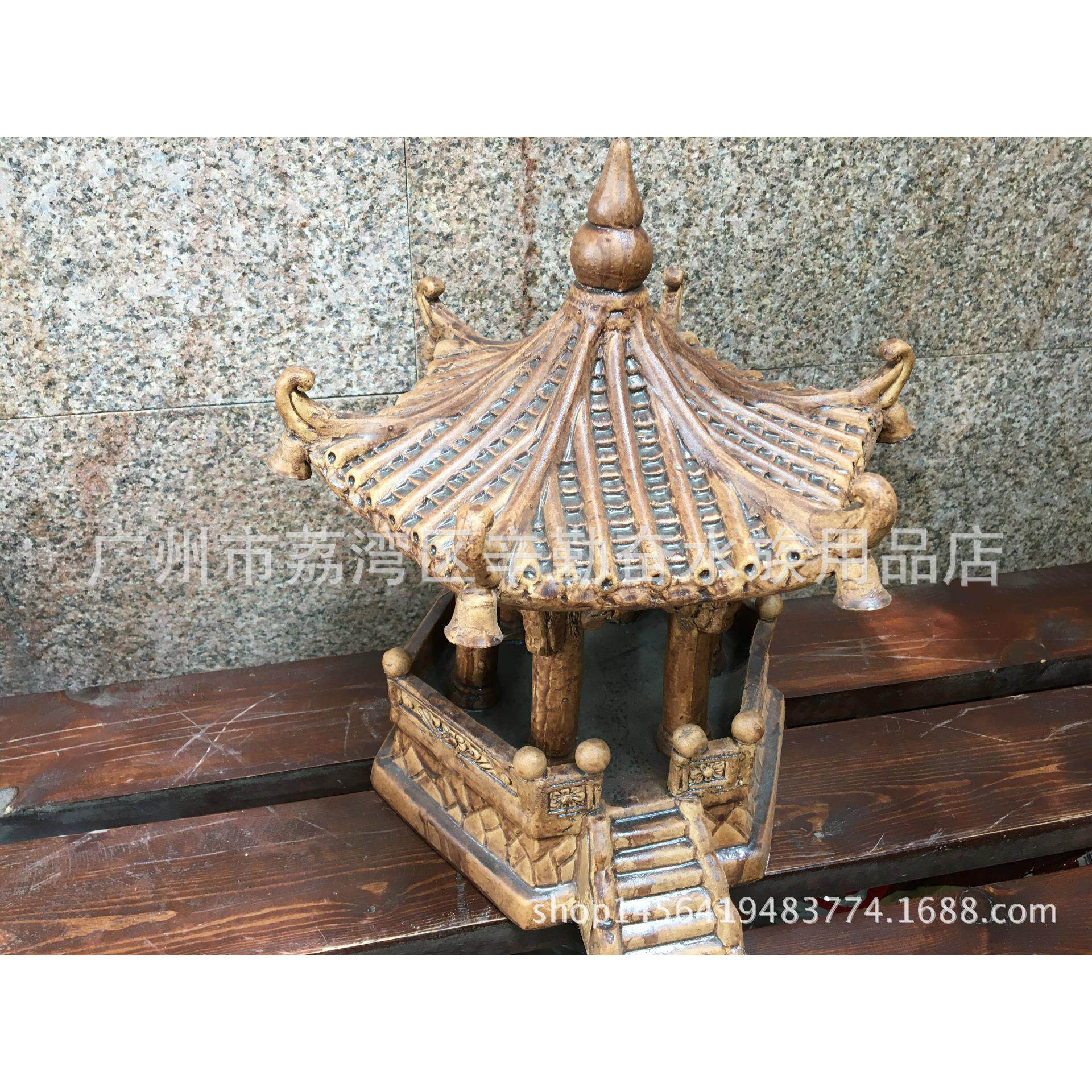 盆景假山配件 水族箱鱼缸摆件造景石湾精品彩墨大号单层六角亭