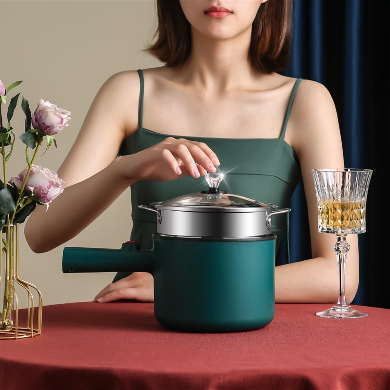 不锈钢长柄电煮锅学生宿舍低功率上蒸下煮煮泡面多功能小火锅