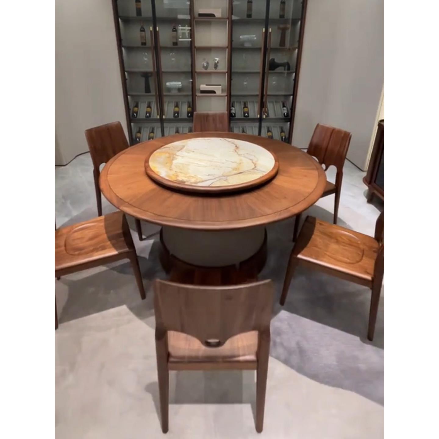 新中式乌木餐桌椅组合现代轻豪华实木与板岩转盘餐厅餐桌圆桌家具