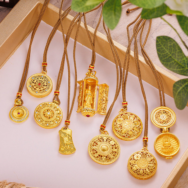 金店同款热款编绳项链 古法镂空花丝沙金八宝罗盘吊坠编绳项链