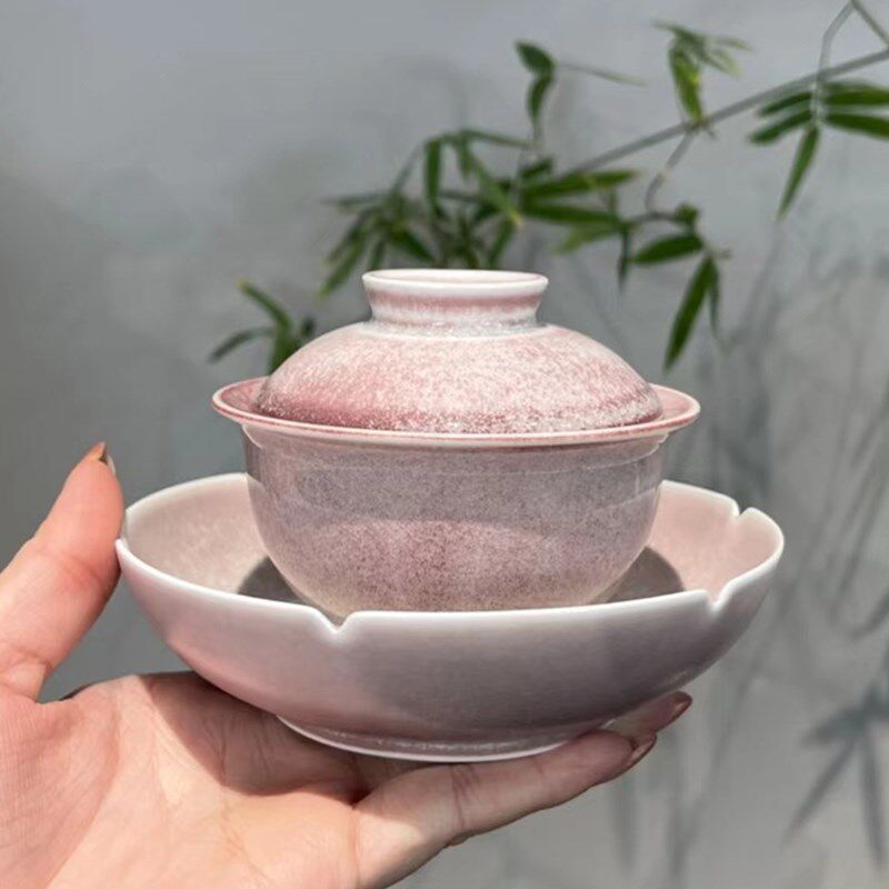 惊蛰 窑变粉冰裂纹盖碗壶承组 二才泡茶碗不烫手功夫茶具干泡盘 - 实物图