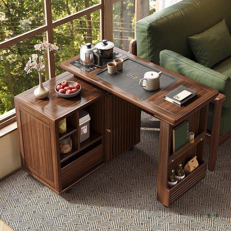 新中木式黑胡桃家实木茶桌椅组阳台带旋转用茶台一体移IJF动茶合