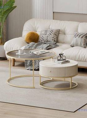 小YHC户型可伸缩子母板茶几简约岩纳抽屉收桌油风茶色玻璃圆桌奶