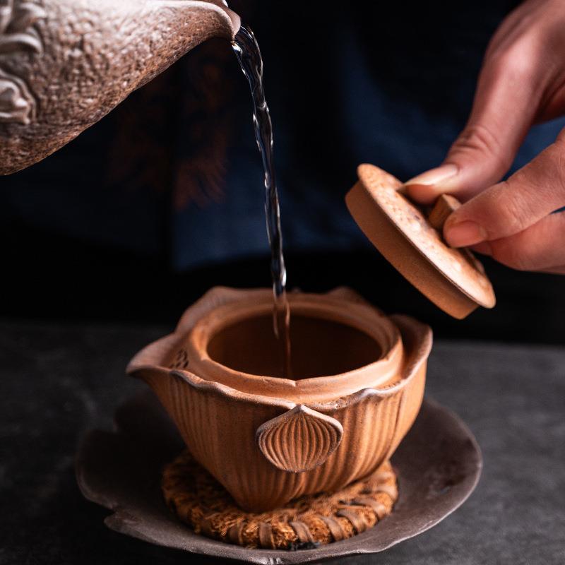 莲JK--2503花碗粗陶复古柴烧茶具茶壶家办用瓷公盖室手抓壶功夫陶