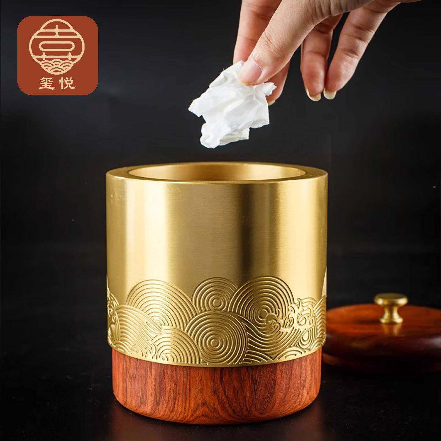 中式桌面意圆形垃圾桶高颜值创带盖迷桶小型客厅茶几ABC-1收纳家