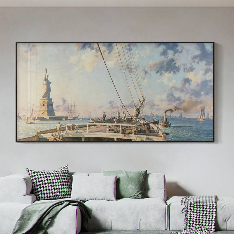 复古自由女神像油画帆船大海装饰画大幅客厅床头画简约风景挂画图片