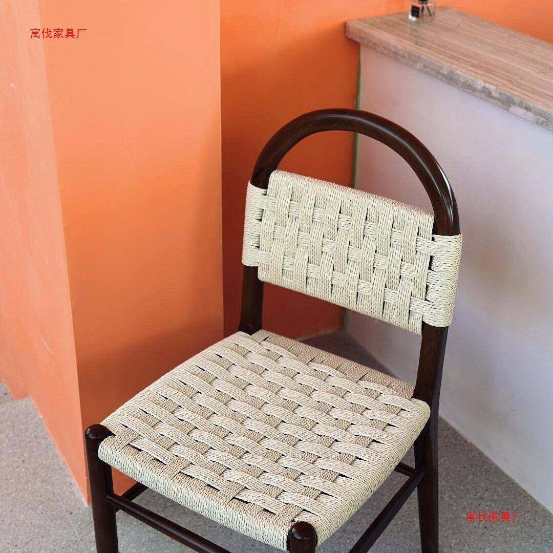 法式中椅绳编实木椅餐子复古古厅客家用编织靠背AZK休闲化妆椅